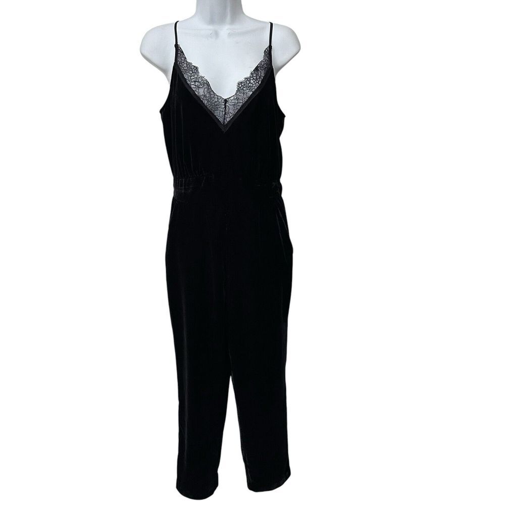 H&M Black Velvet Jumper Lace V-Neck Pockets Straight Leg Whimsigoth Sz 6 NWT‎